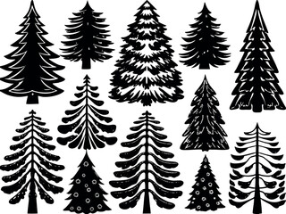 Obraz premium A diverse collection of twelve distinct silhouette christmas trees for festive holiday design projects