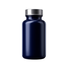 Deep navy plastic supplement bottle with a matte silver cap isolated on white background