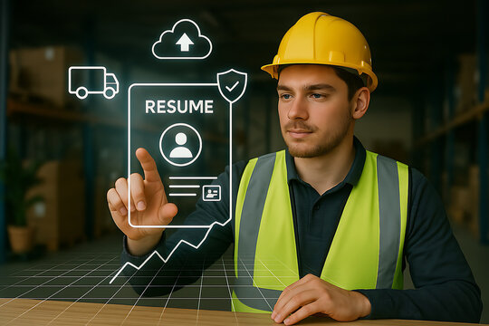 A construction worker expertly manages online resumes, touching a digital interface in a modern warehouse setting while optimizing job applications. - Powered by Adobe