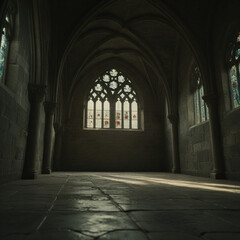 Fototapeta premium Gothic corridor with pointed arches, ribbed vaults & stained-glass window