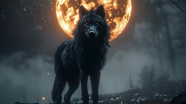Video animation of a black wolf at night and behind it is a large moon and forest background.
Video generated by AI.