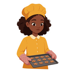 Young black girl holding a tray of freshly baked cookies in kitchen, white background, vector  