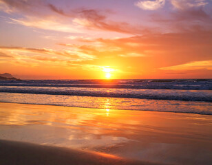 Naklejka premium Vibrant Ocean Sunset: Beach Scene at Golden Hour