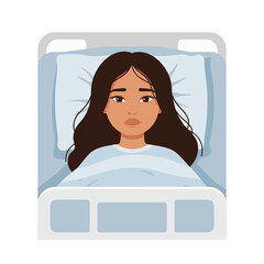 Young girl lying in hospital bed looking serious and resting, white background, vector