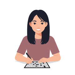 Young woman solving crossword puzzle with pencil at table, white background, vector  