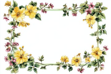 A floral frame with yellow and pink flowers isolated on white background