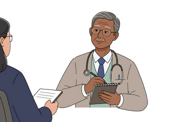 Doctor taking notes while consulting with a patient who is holding a document.