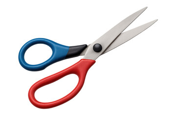 Red and blue handled scissors lying open with transparent background, ideal for creative projects