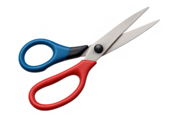Red and blue handled scissors lying open with transparent background, ideal for creative projects
