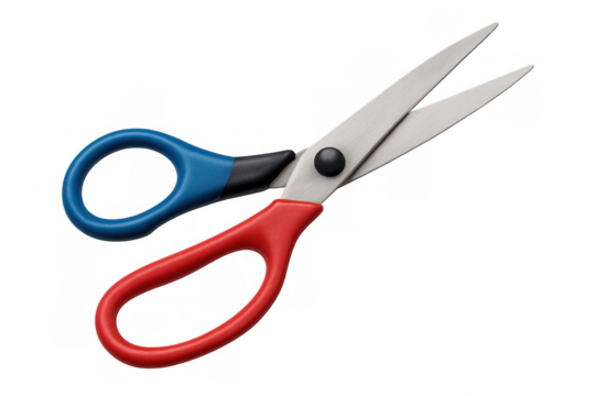 Red and blue handled scissors lying open with transparent background, ideal for creative projects