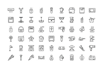 Smart Home Appliance and Device Icon Set Outline Style Black and White