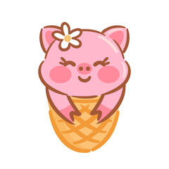 A cute and playful pig in a waffle cone that oozes kawaii charm. The big expressive eyes and playful pose bring joy, making this illustration perfect for a whimsical design.