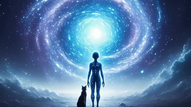 Animated video of a cat and an alien looking at the galaxy at night.
Video generated by AI.