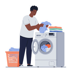 Man loading clothes into washing machine at home with basket nearby, white background, vector  