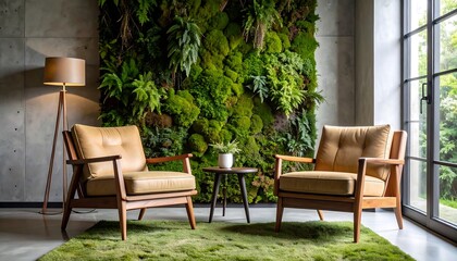 Fototapeta premium Modern living room with lush wall decor