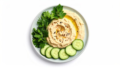 Creamy hummus with cucumber garnish