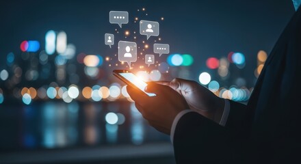 Photo of a person uses a smartphone at night with glowing communication icons floating above the screen, set against a blurred city skyline