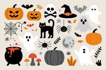 Fototapeta premium Spooky Halloween Collection: A vibrant illustration showcases a collection of quintessential Halloween elements, from grinning pumpkins to eerie ghosts, evoking the festive spirit of All Hallows' Eve.