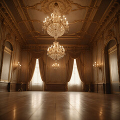 Opulent ballroom with crystal chandeliers, gold moldings, and parquet floor