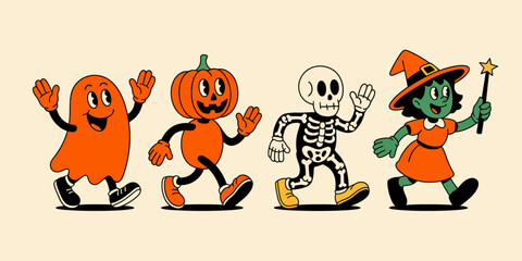 Spooky Halloween Parade: A whimsical illustration featuring a playful ghost, a grinning pumpkin, a skeletal figure, and a mischievous witch, marching together in a vibrant Halloween celebration.