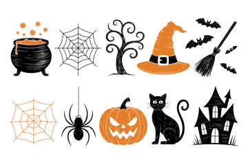 Obraz premium Halloween Icon Set: A spooky collection of illustrated Halloween elements, including cauldron, web, tree, witch hat, bats, broom, spider, pumpkin, cat, and haunted house.