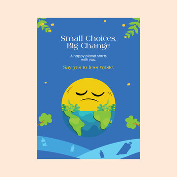 Eco poster template with sad Earth and plastic waste illustration. Perfect for campaigns promoting sustainability, zero waste, and conscious living through small, impactful choices.