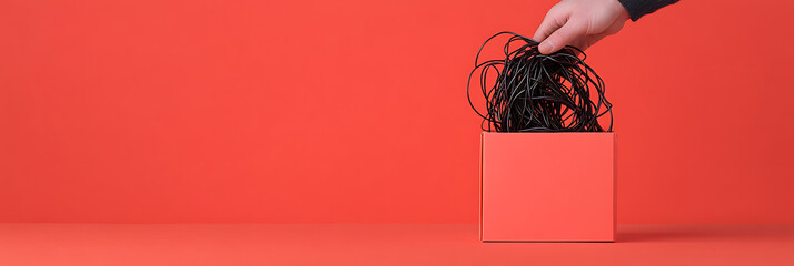 Tangled Wires in a Box on Red: A hand places a mass of black tangled wires into a matching square box against a vivid red backdrop, creating a minimalist composition.