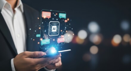 Photo of a person holds a smartphone displaying an ai chip icon surrounded by communication bubbles, with a blurred city at night in the background