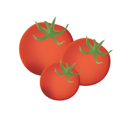  Realistic illustration of three ripe red tomatoes with green stems on a white background. Perfect for food packaging, recipes, menus, or healthy lifestyle visuals.