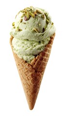 Delicious Pistachio Ice Cream in a Cone on White Background