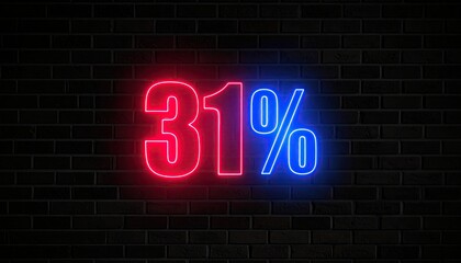 Neon 31% off sign on dark brick wall