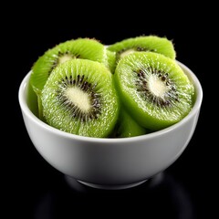 Fresh Kiwi Slices in a White Bowl on a Black Background