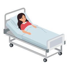 Girl lying in hospital bed looking unwell in medical environment, transparent background, vector  