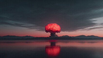 Atomic explosion over calm lake at dawn