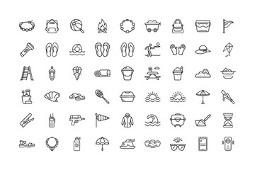 Summer Vacation and Beach Activities Outline Icon Set for Graphic Design