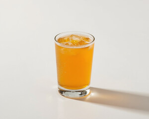 A glass of fresh orange juice sits on a white surface, showcasing its vibrant color and refreshing appearance.