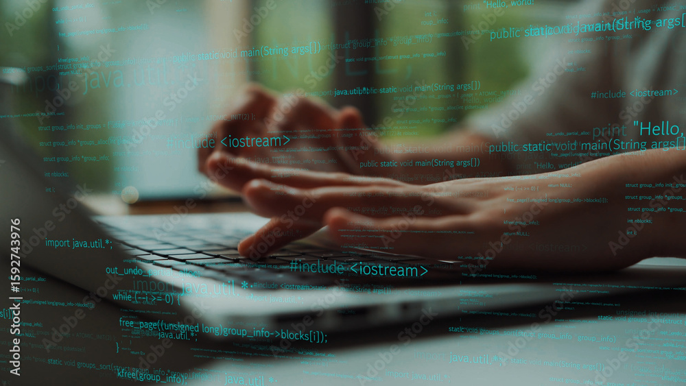 Poster a close-up view of hands typing on a laptop keyboard, surrounded by programming code, showcasing the