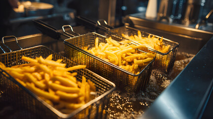 French fries frying in deep fryer in metal baskets