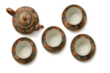 Ceramic tea set with floral pattern including teapot and four cups on transparent background