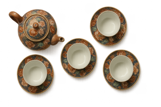 Ceramic tea set with floral pattern including teapot and four cups on transparent background