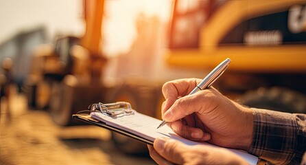 Construction worker writing on clipboard outdoors