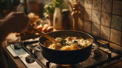 Chef cooking creamy sauce with spinach in pan on gas stove
