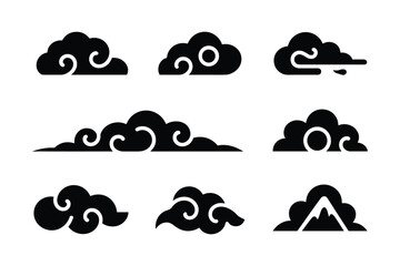 Black cloud silhouettes with decorative swirls and mountain peaks white