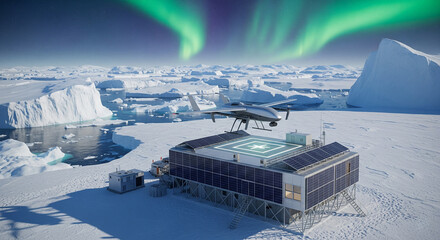 Autonomous drone approaching futuristic Arctic base under aurora-lit sky