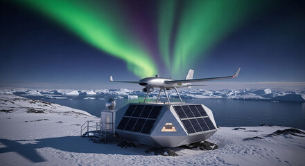 Autonomous drone approaching futuristic Arctic base under aurora-lit sky