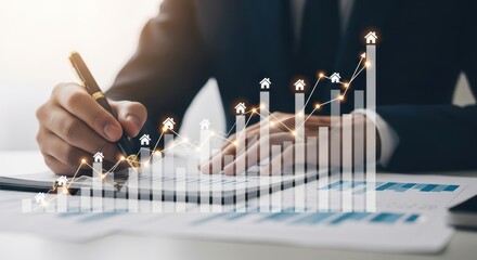 Photo of a businessman meticulously analyzes financial data and charts, with a rising graph overlaid with house icons indicating real estate investment growth and success