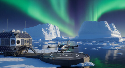 Autonomous drone approaching futuristic Arctic base under aurora-lit sky