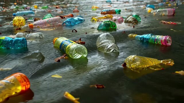 Plastic bottles and trash pollute a river after a flood, 4k video
