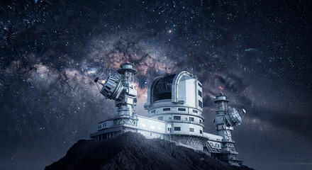 Futuristic space observatory with giant telescopes under starry night