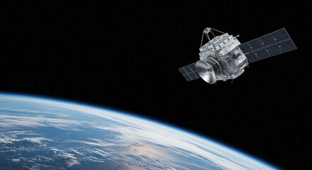High-tech satellite orbiting Earth with stars in the background